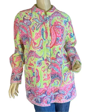 La Cera Pink & Green Paisley Print Quilted Reversible Jacket (L) thumbnail 1