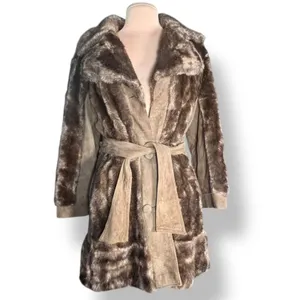 Vintage 70s Tocci England Faux Fur Suede‎ Leather Belted Coat Burgundy Lined thumbnail 2