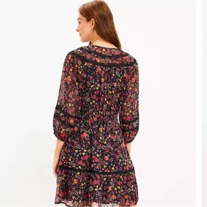 Loft Floral Clip Tiered Button‎ Puff Sleeve Fall Floral Dress Size Medium Tall thumbnail 2