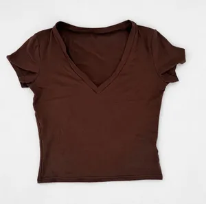 SheIn Women’s Brown V Neck Short Sleeve T Shirt Fitted Basic Tee Casual Y2K Size Small thumbnail 1