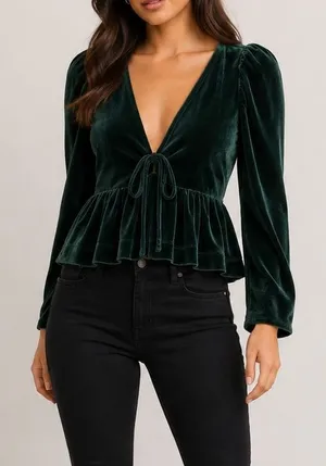 Anthropologie Maeve Pine Green Velvet Babydoll V-Neck Long Sleeve Top thumbnail 1
