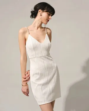 ✨ NWT RIHOAS White Textured Plissé Mini Dress w/ Pearl Straps (Size XS) 🤍 thumbnail 2