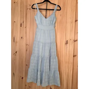 NWT Lulus Freest Feelings Light Blue Plaid Tiered Tie-Back Midi Dress Resort S thumbnail 2