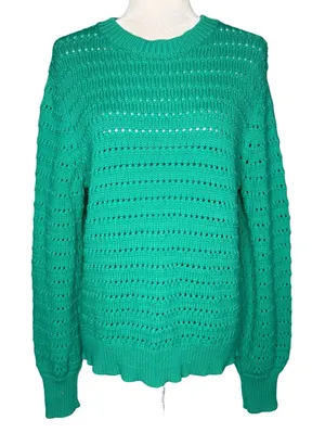 J.Crew Teal Open Knit Cotton Blend Sweater Large Pullover Crewneck Green thumbnail 1