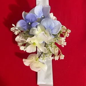 Blue and white wrist corsage. Handmade/skap bracelet corsage. thumbnail 1