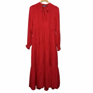 Anthropologie Maeve Wendy Tiered Maxi Dress Red Jacquard Tie Neck‎ Large Cottage thumbnail 5