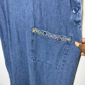 VTG 90s Women 100% Cotton Western Denim Jumper Dress Button Blue Embroidered‎ thumbnail 7