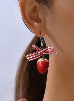 Strawberry Earrings with Red Gingham Bows thumbnail 3