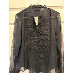 The Limited Womens‎ Black Sheer Ruffle Pleated Front Button Up Blouse Size L NEW thumbnail 3