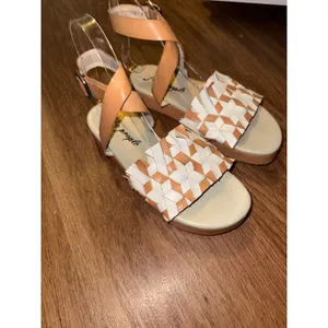 Free People Woven Leather Ankle Strap Platform Sandals Tan White Womens 6 Beach thumbnail 2