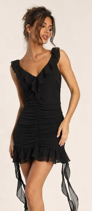 Justify Black Ruffled V-Neck Mini Dress with Sheer Ties thumbnail 1