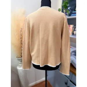 Camel Beige Collarless Knit Cardigan Jacket White Blanket Stitch Gold Buttons M thumbnail 4
