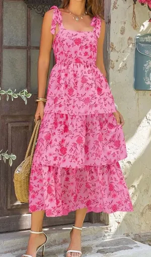 Wenrine Woman’s Tiered Summer Pink Floral Maxi Dress with Tie Straps thumbnail 1