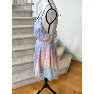 Hello Molly Pastel Rainbow Sequin Purple Blue Pink Mini Plunge Skater Dress thumbnail 4