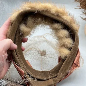 Vintage 1960’s tan Mink pill box Champagne satin ribbon with veil cage thumbnail 8