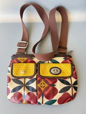 Fossil Key-Per Floral Coated‎ Canvas Crossbody Bag Red Yellow Retro Print thumbnail 1