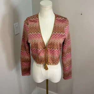 House of Harlow 1960 Pink Brown Chevron Cropped Cardigan Tassel Tie Sweater L thumbnail 2