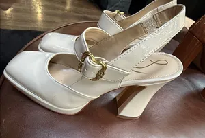Sam Edelman Women’s Cream Patent Block Heel Slingback Pumps with Gold Buckle thumbnail 1