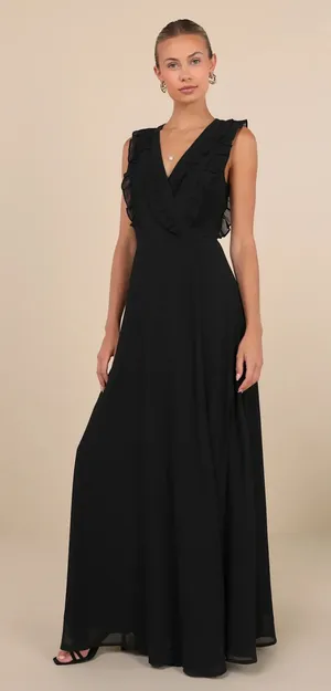 NWT Lulus Major‎ Elegance Black Sleeveless Ruffled Wrap Maxi Dress SZ SMALL thumbnail 1