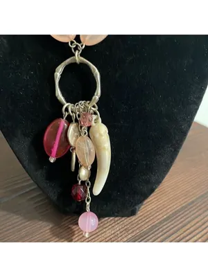Pink beaded charm necklace with stone horn of wealth and silver tone accents thumbnail 2