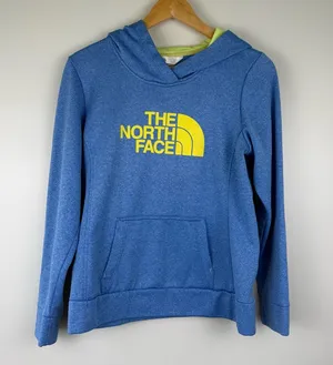 The North Face Heather Blue Yellow Logo Print Track Pullover Hoodie Ladies MED thumbnail 1