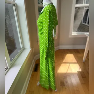 Vintage 1960s Handmade Lime Green White Polka Dot Column Maxi Dress and Scarf thumbnail 4