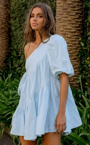 New Showpo Harleen Mini Dress Linen Asymmetrical Trim Puff Sleeve Dress Size XS thumbnail 2