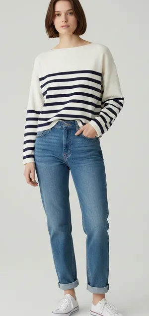 Zenana Longsleeve Cream and Navy Striped Boatneck Sweater thumbnail 1