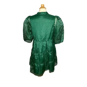 Crown & Ivy Tiered Mini Dress Womens Large‎ Green Striped Puff Sleeve Babydoll thumbnail 14