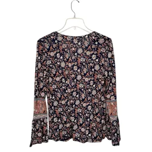 Lucky Brand Floral Bell Sleeve Boho Flowy Peasant Top Sz M thumbnail 2