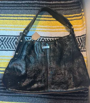 Kate Spade Black Crinkled Patent Leather Hobo Bag‎ Shoulder Bag Stripe Lining thumbnail 1