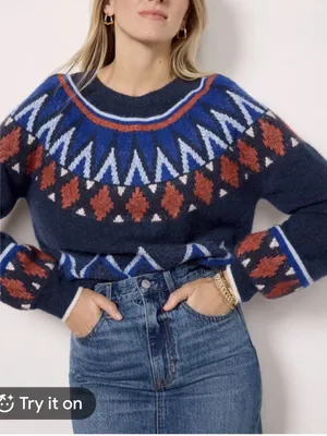 Sundry Navy Fair Isle Crewneck Sweater with Rust & Royal Blue Accents thumbnail 1