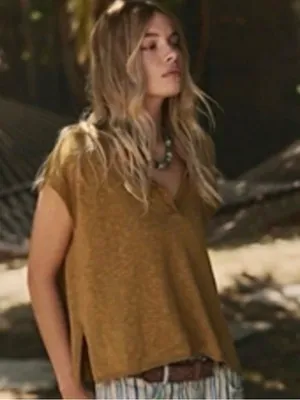 Free-est Free People Mustard Yellow V-Neck Relaxed Top thumbnail 3