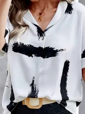 SheIn Abstract Brushstroke White & Black V-Neck Blouse thumbnail 1