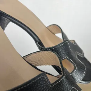 Genuine Leather Black H-Strap Slide Sandals Low Block Heel Contrast Stitch thumbnail 3