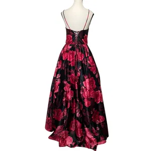 Betsy & Adam Floral Rose Satin Gown Black Red Lace Up A-Line Prom Formal Size 8 thumbnail 6