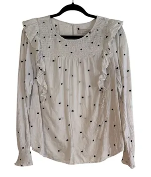 LOFT Blouse White M Womens Heart Print Ruffle Smocked Swiss Dot Long Sleeve thumbnail 1