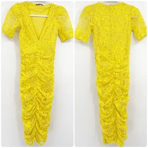 Zara Womens Blogger Fave Yellow Floral Lace‎ Ruched V-Neck Bodycon Midi Dress S thumbnail 3