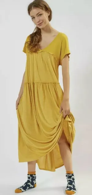 Saturday Sunday by Anthropologie Yellow Tiered Ruffle Maxi‎ Dress Size Small thumbnail 1