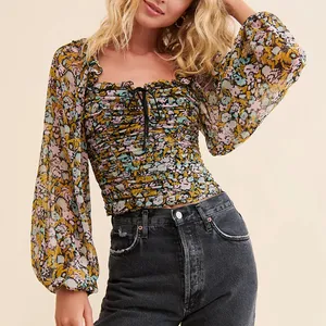 Free People Mabel Balloon Sleeve Floral Boho Blouse Women’s Size Medium thumbnail 1