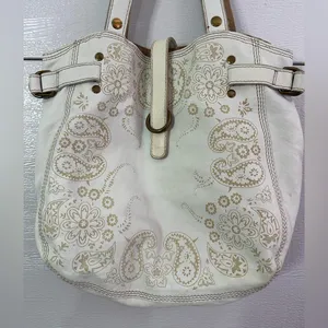 Y2K Lucky Brand White Paisley Print Leather Tote Bag Purse thumbnail 3