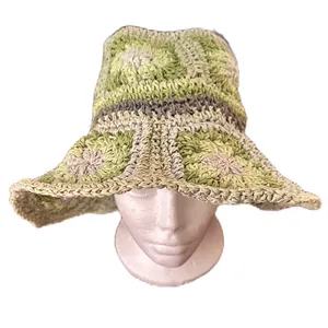 Steve Madden Crochet Granny Square Sun Hat Green Floral Boho Bucket Summer Hat thumbnail 6