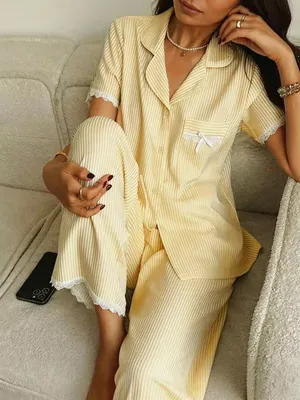 Yellow striped lace trim pajama set thumbnail 4