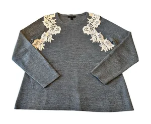J.Crew Gray Merino Wool Blend‎ Lace Applique Shoulder Sweater Womens Medium thumbnail 1