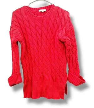 J.Crew Cable Knit Sweater Women's Small‎ Medium Red Cotton Side Slit Cozy thumbnail 1