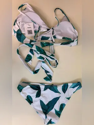 NWT- Cupshe Leaf Print Wrap Bikini Green White Crisscross - Med Bottom-Large top thumbnail 3