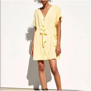 Zara Button Front Tie Waist Shirt Dress‎ Yellow XS Cap Sleeve thumbnail 6