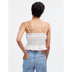 Madewell Smocked Button Front Top Poplin Cotton Eyelet White Stretch Medium NWT thumbnail 3