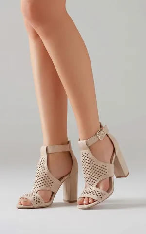 Dollhouse Beige Laser Cut Block Heel Sandals Size 5.5 thumbnail 1