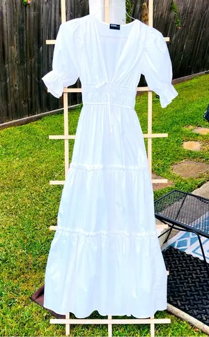 White Cotton Blend Tiered Puff Sleeves Maxi Dress M thumbnail 1